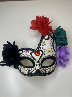 Handmade Day of the Dead Sugar Skull Mask -Red Black Purple Green Flowers, Used